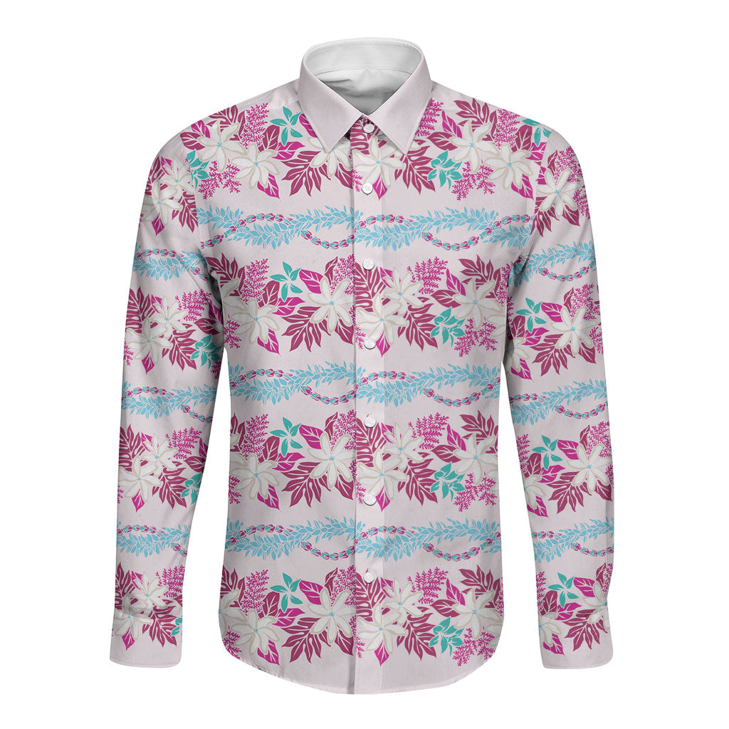 Monstera Tiare Plumeria Lei Pattern Long Sleeve Button Shirt Pink Version LT01 Unisex Pink - Polynesian Pride