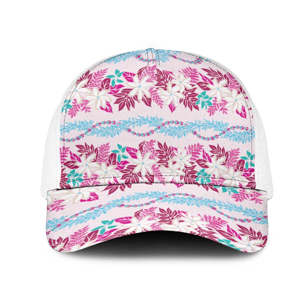 Monstera Tiare Plumeria Lei Pattern Mesh Trucker Cap Pink Version LT01 One Size White Pink - Polynesian Pride