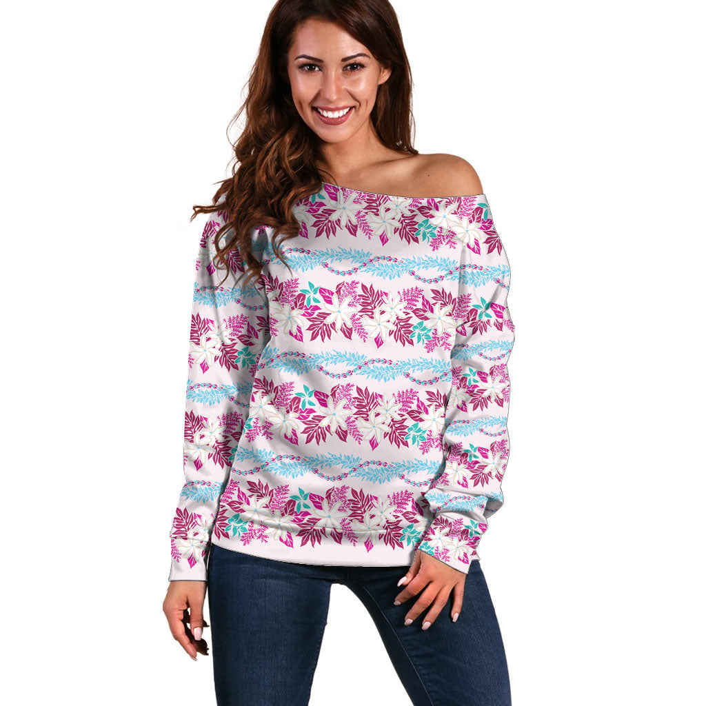 Monstera Tiare Plumeria Lei Pattern Off Shoulder Sweater Pink Version