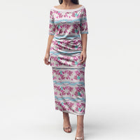Monstera Tiare Plumeria Lei Pattern Puletasi Pink Version LT01 Long Dress Pink - Polynesian Pride
