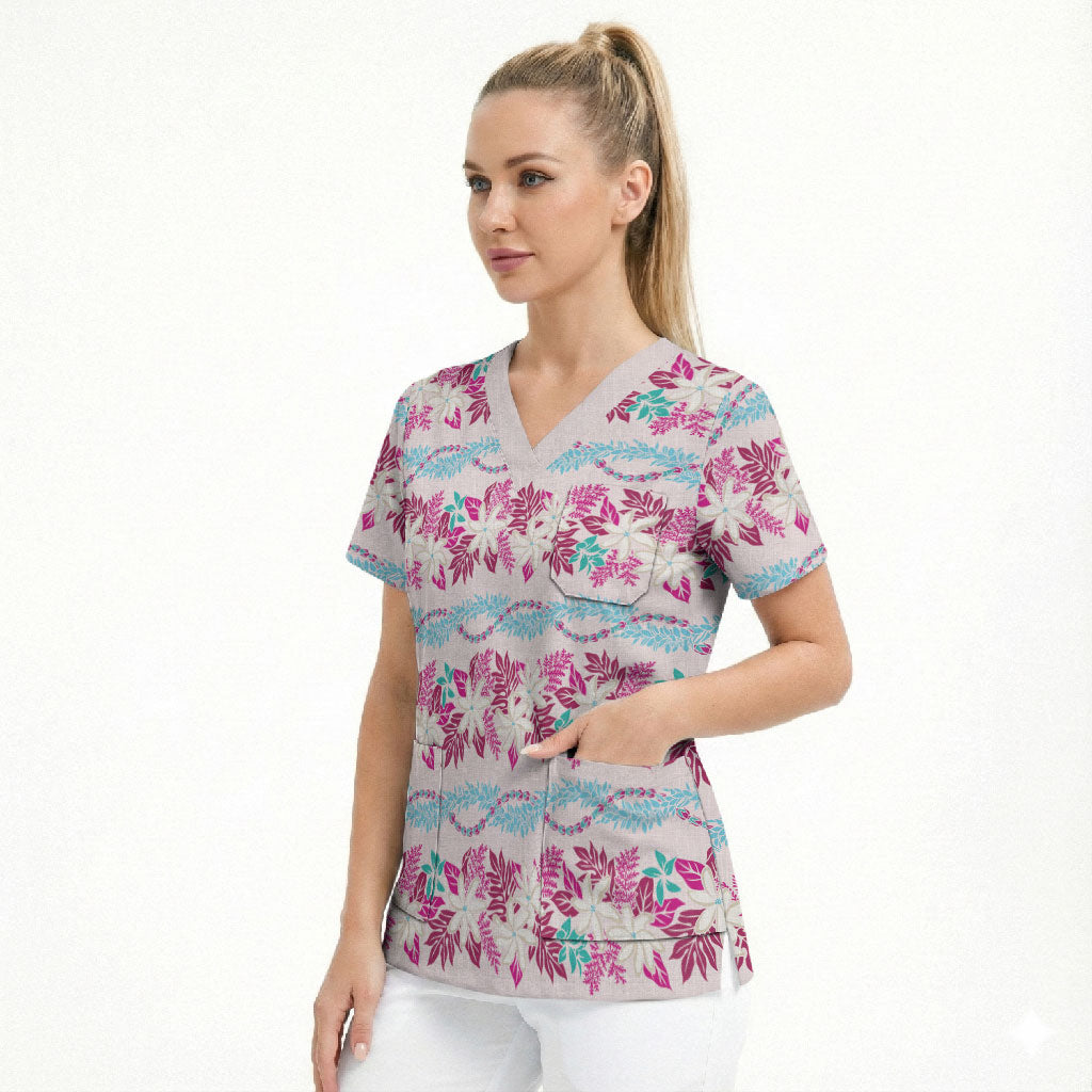 Monstera Tiare Plumeria Lei Pattern Scrub Top Pink Version