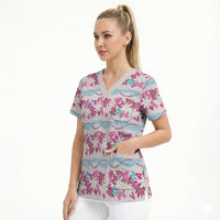 Monstera Tiare Plumeria Lei Pattern Scrub Top Pink Version