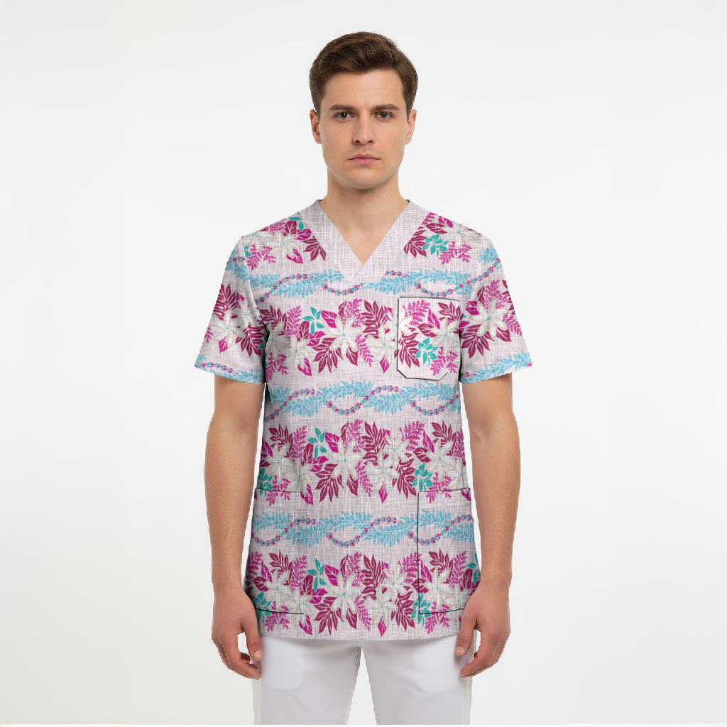 Monstera Tiare Plumeria Lei Pattern Scrub Top Pink Version