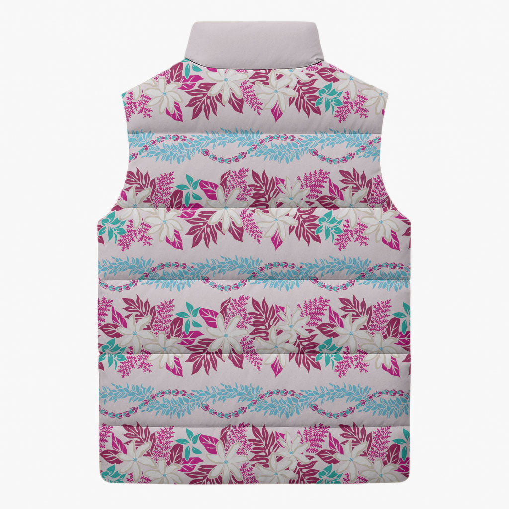 Monstera Tiare Plumeria Lei Pattern Sleeveless Puffer Jacket Pink Version LT01 - Polynesian Pride