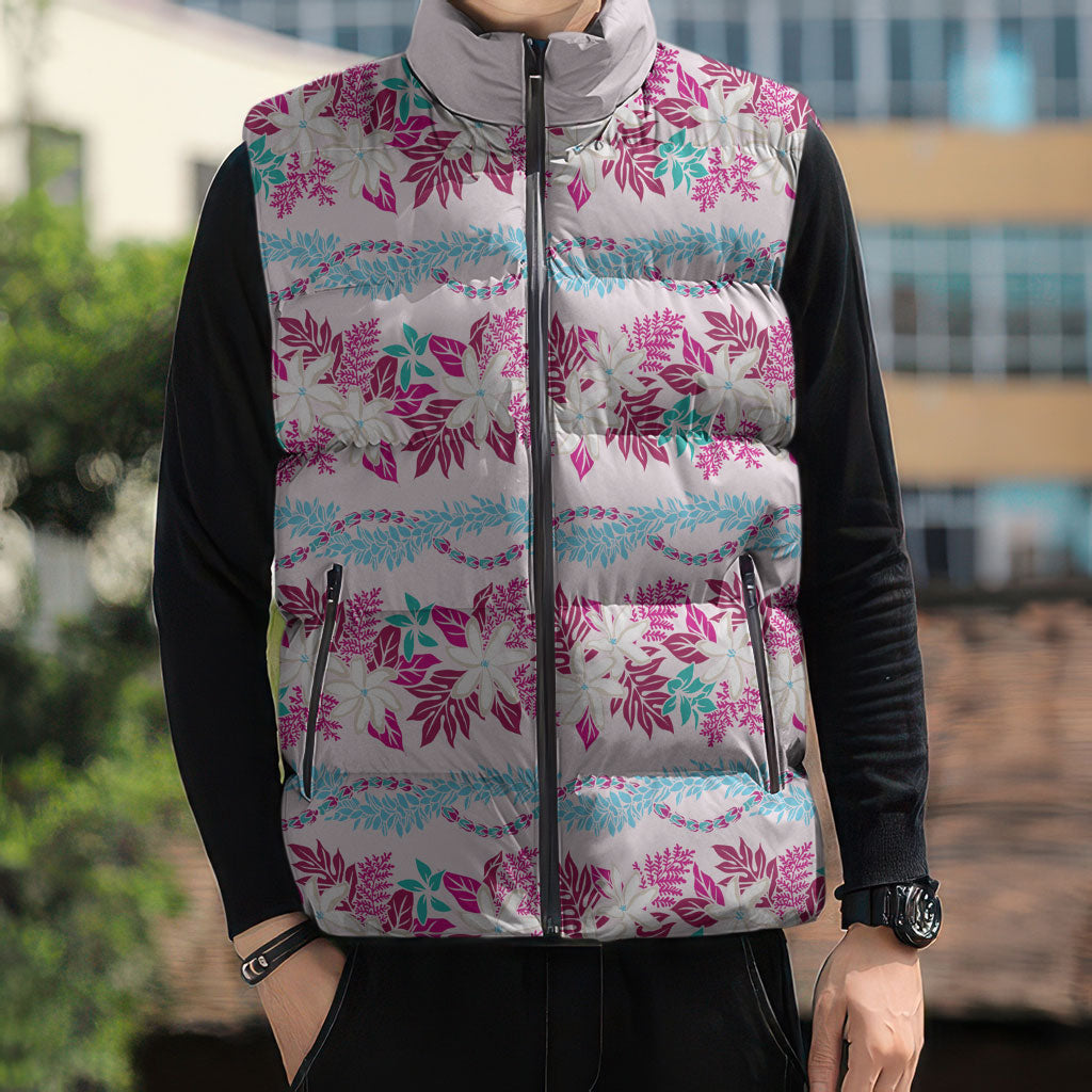 Monstera Tiare Plumeria Lei Pattern Sleeveless Puffer Jacket Pink Version LT01 - Polynesian Pride