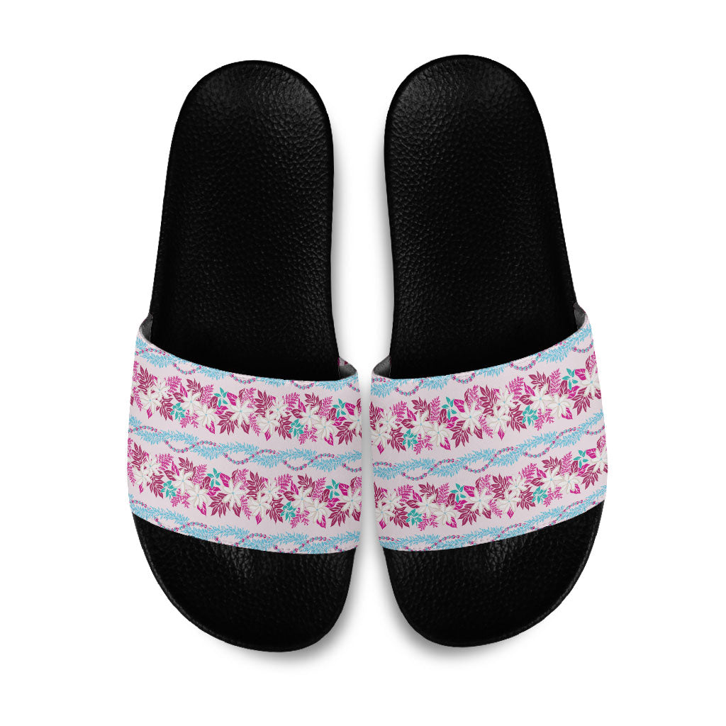 Monstera Tiare Plumeria Lei Pattern Slide Sandals Pink Version