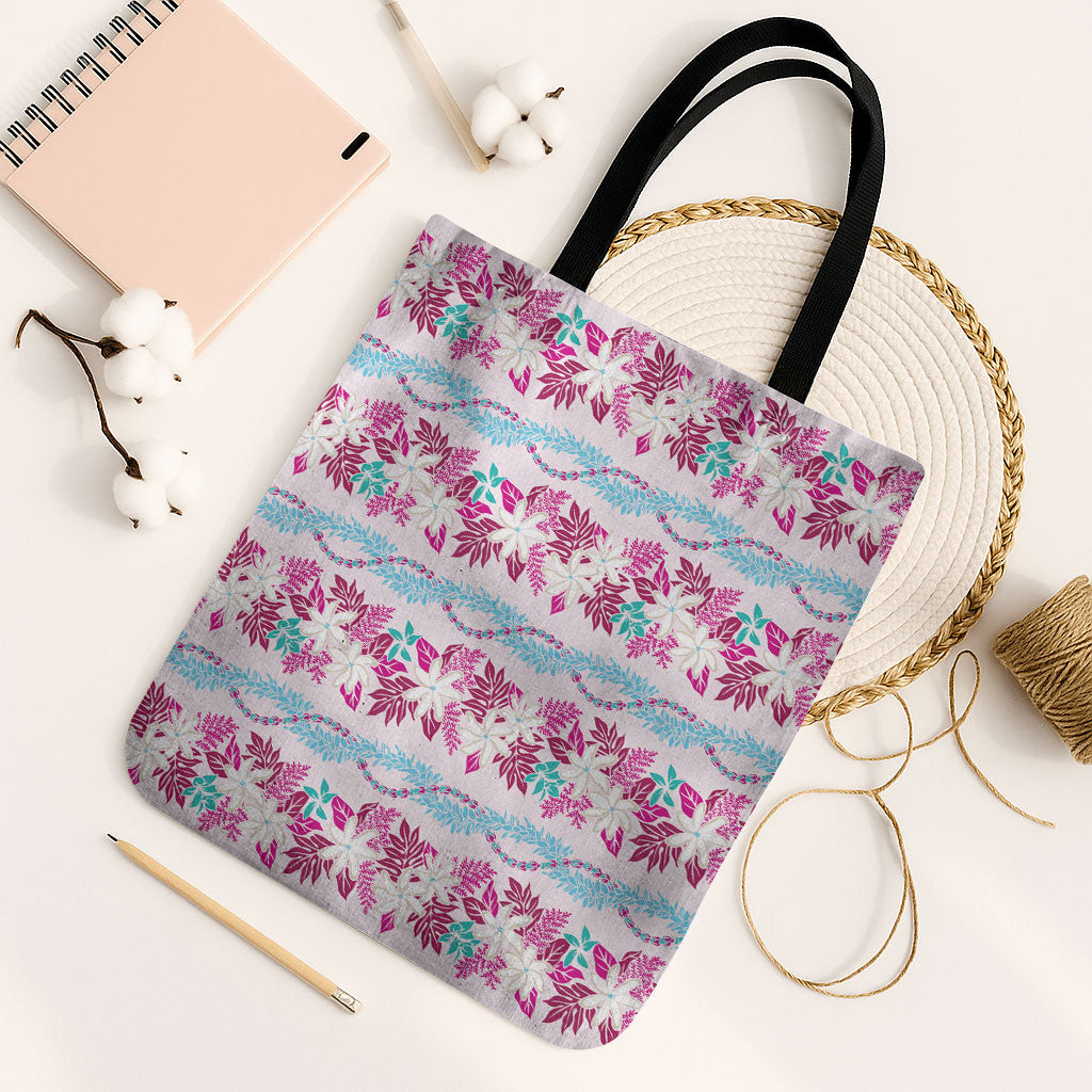 Monstera Tiare Plumeria Lei Pattern Tote Bag Pink Version
