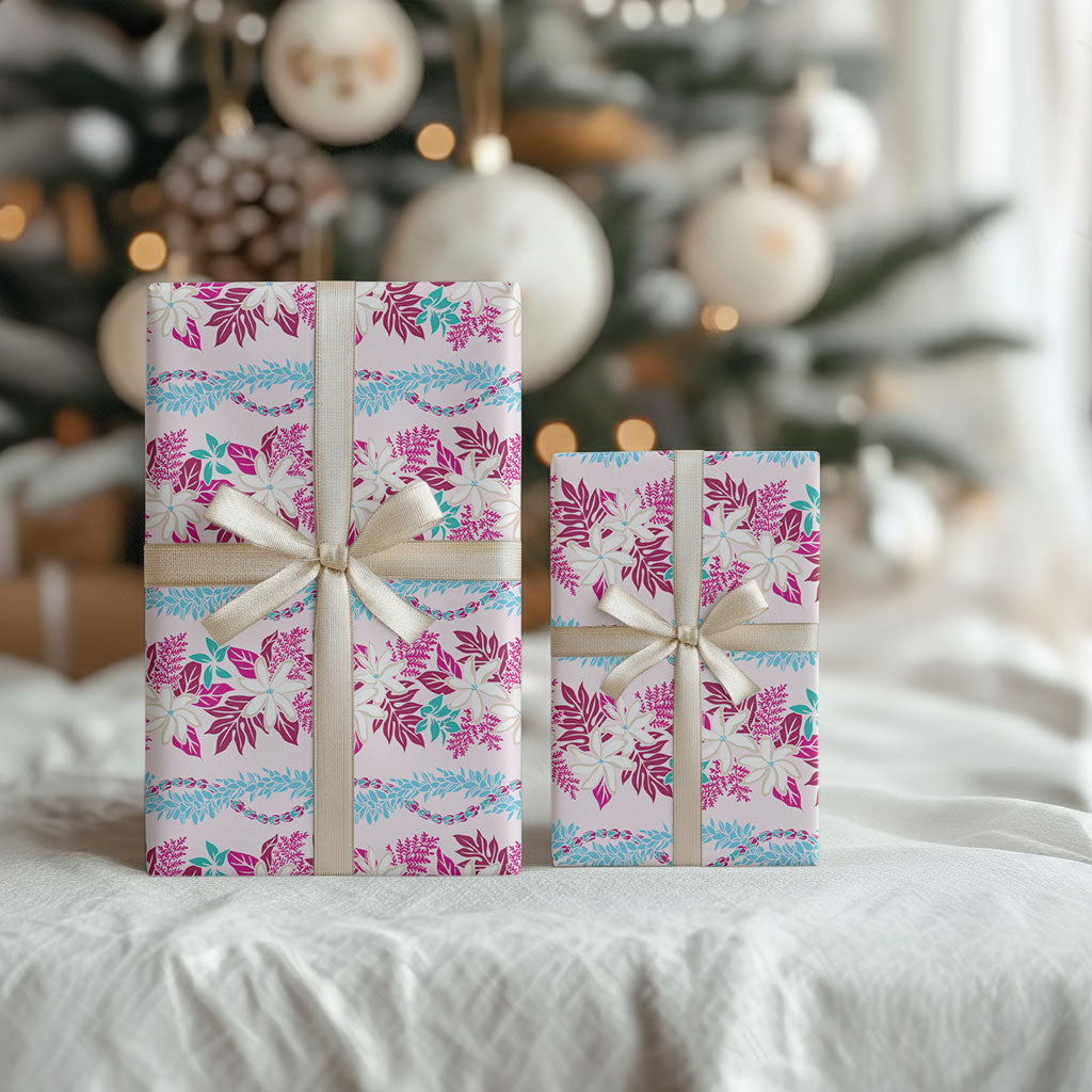 Monstera Tiare Plumeria Lei Pattern Wrapping Paper Pink Version LT01 - Polynesian Pride