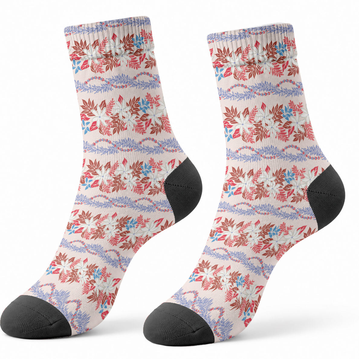 Monstera Tiare Plumeria Lei Pattern Crew Socks Red Version LT01 - Polynesian Pride