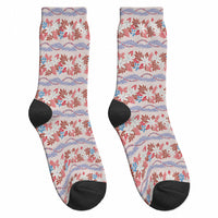 Monstera Tiare Plumeria Lei Pattern Crew Socks Red Version LT01 - Polynesian Pride