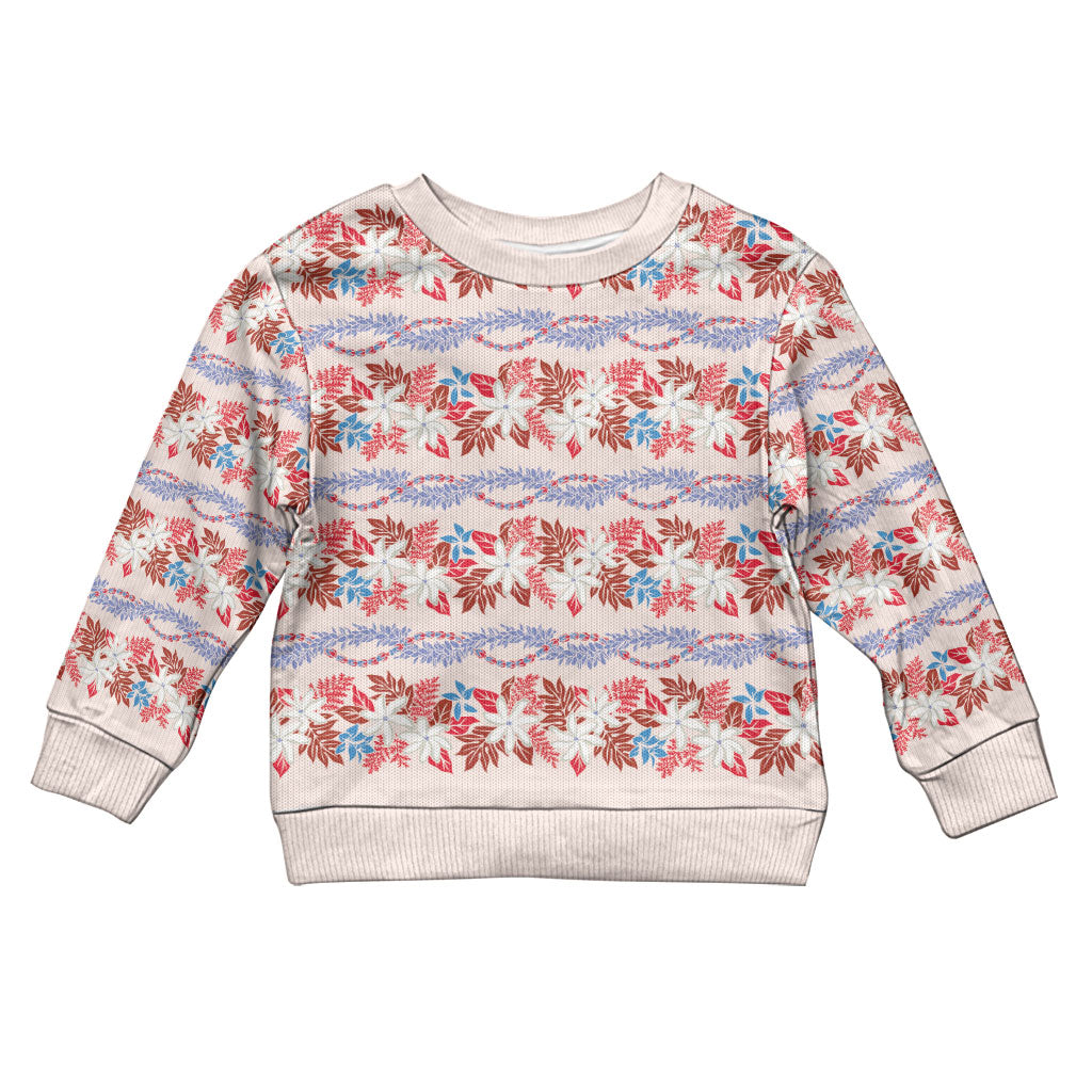 Monstera Tiare Plumeria Lei Pattern Kid Ugly Christmas Sweater Red Version
