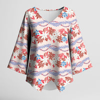 Monstera Tiare Plumeria Lei Pattern Kimono Sleeve Blouse Red Version