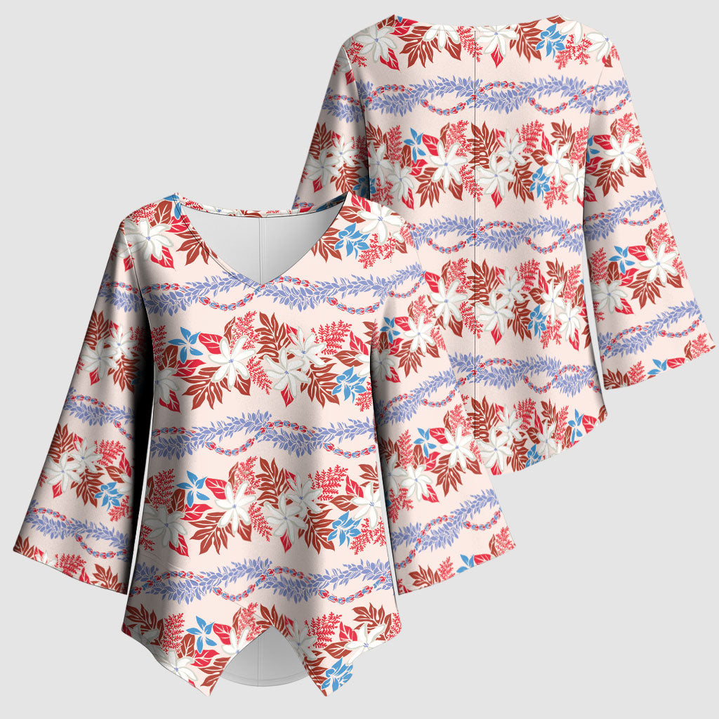 Monstera Tiare Plumeria Lei Pattern Kimono Sleeve Blouse Red Version
