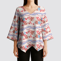 Monstera Tiare Plumeria Lei Pattern Kimono Sleeve Blouse Red Version