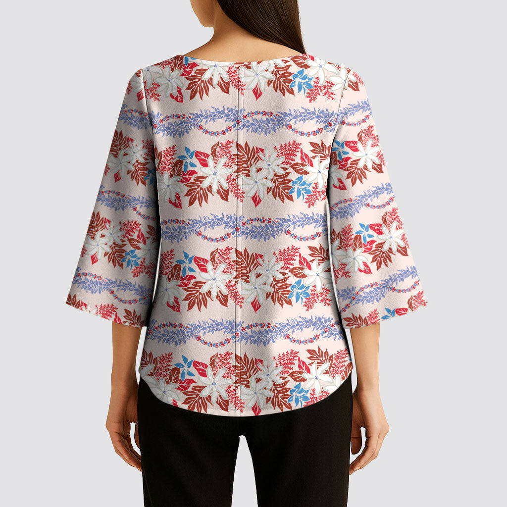Monstera Tiare Plumeria Lei Pattern Kimono Sleeve Blouse Red Version