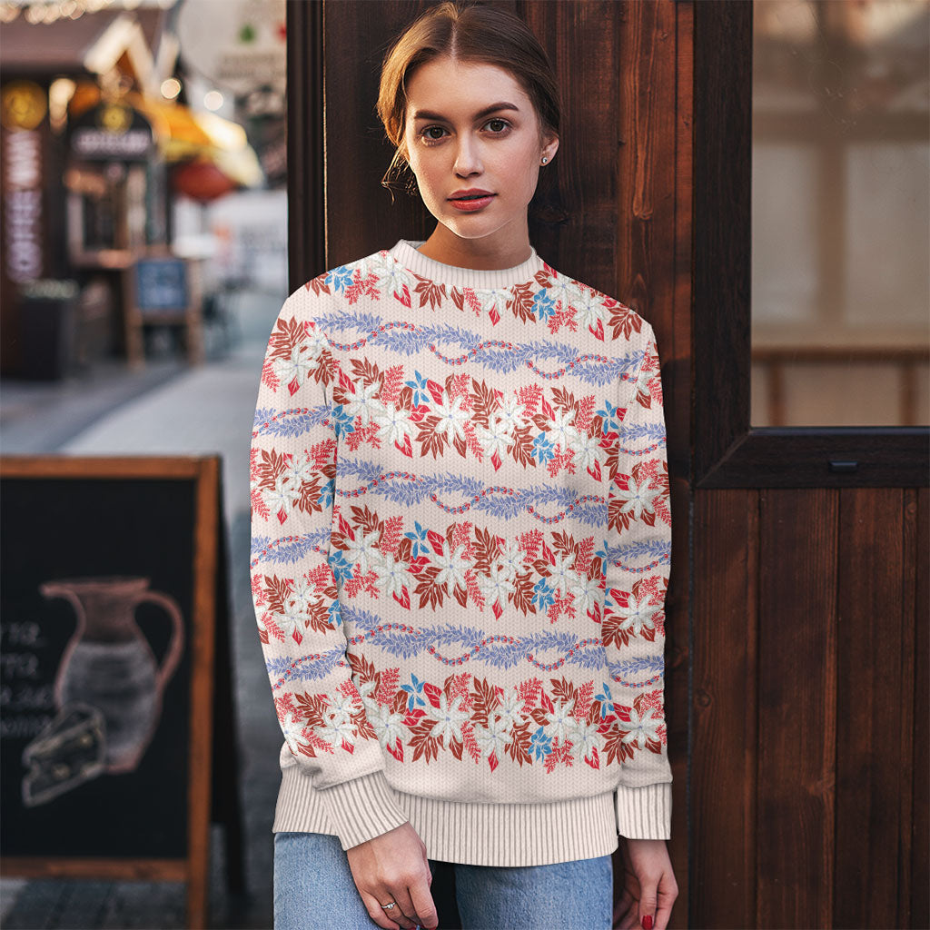 Monstera Tiare Plumeria Lei Pattern Ugly Christmas Sweater Red Version