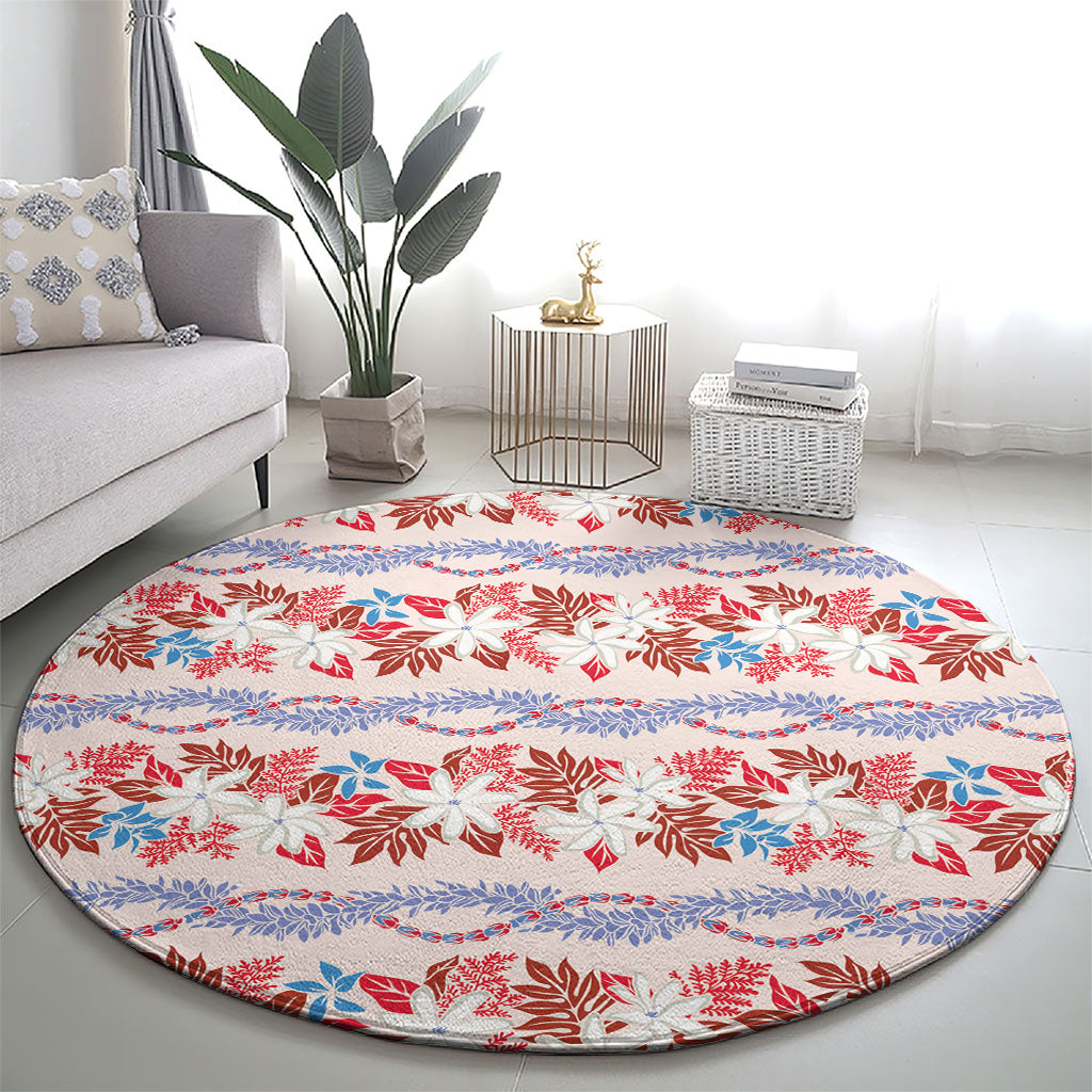Monstera Tiare Plumeria Lei Pattern Round Carpet Red Version