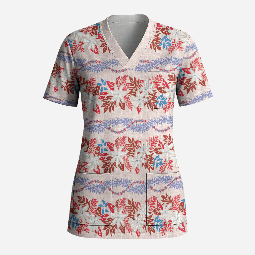 Monstera Tiare Plumeria Lei Pattern Scrub Top Red Version
