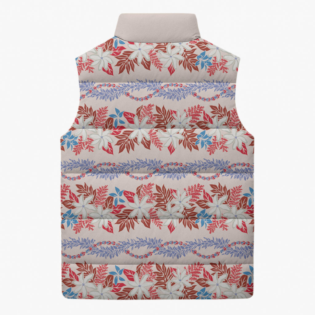 Monstera Tiare Plumeria Lei Pattern Sleeveless Puffer Jacket Red Version LT01 - Polynesian Pride
