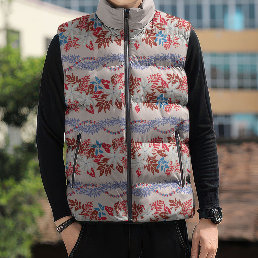 Monstera Tiare Plumeria Lei Pattern Sleeveless Puffer Jacket Red Version LT01 - Polynesian Pride