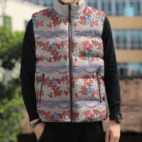 Monstera Tiare Plumeria Lei Pattern Sleeveless Puffer Jacket Red Version LT01 - Polynesian Pride