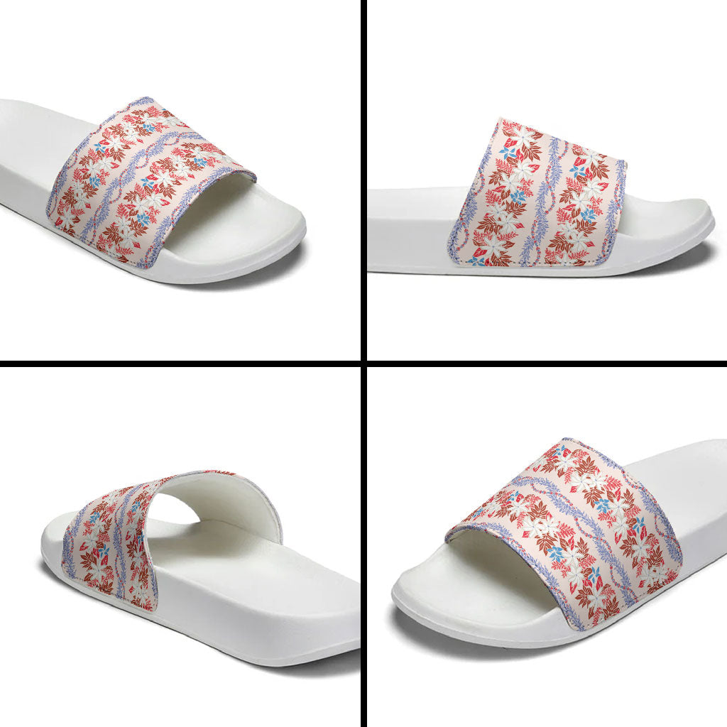 Monstera Tiare Plumeria Lei Pattern Slide Sandals Red Version LT01 - Polynesian Pride