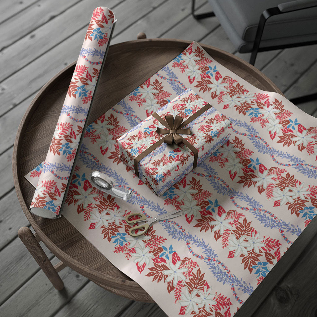 Monstera Tiare Plumeria Lei Pattern Wrapping Paper Red Version LT01 - Polynesian Pride