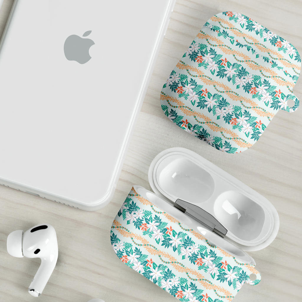 Monstera Tiare Plumeria Lei Pattern AirPods Case Teal Version LT01 - Polynesian Pride