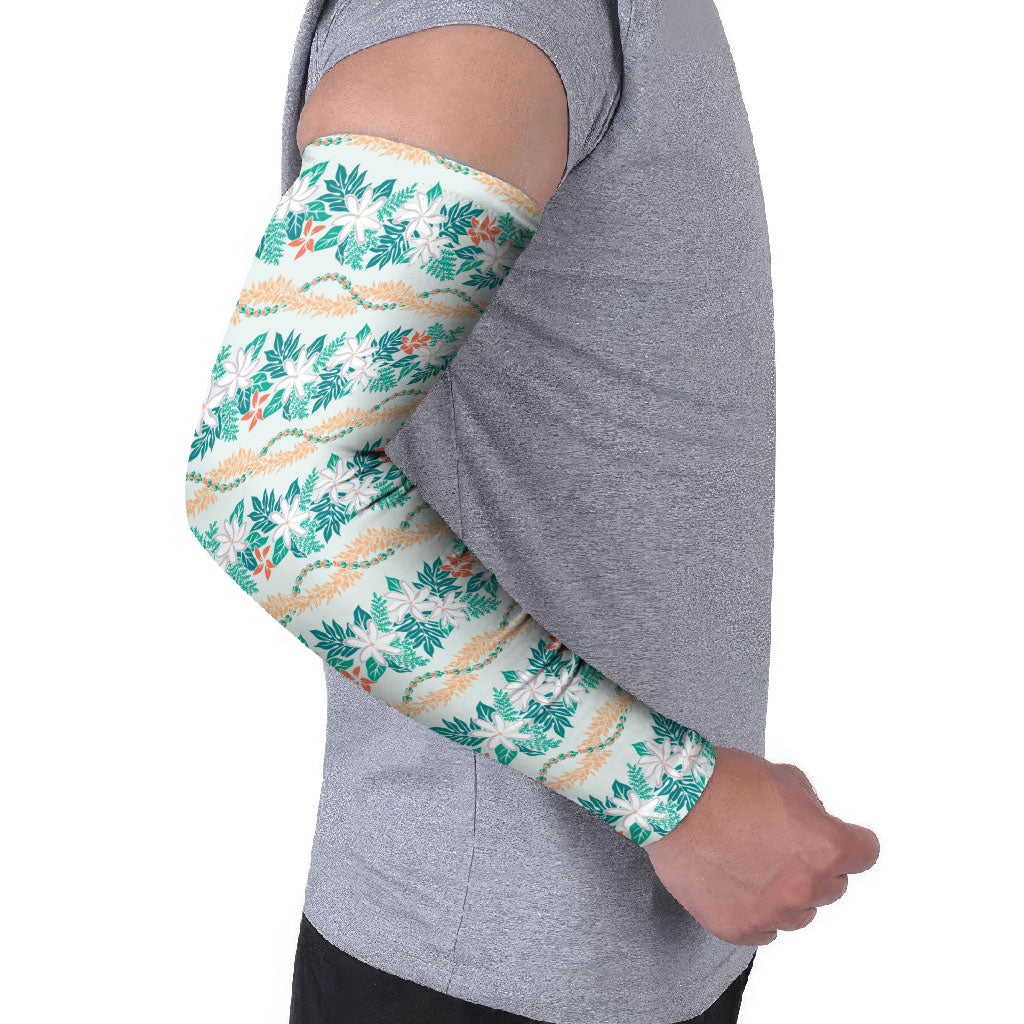 Monstera Tiare Plumeria Lei Pattern Arm Sleeves Teal Version