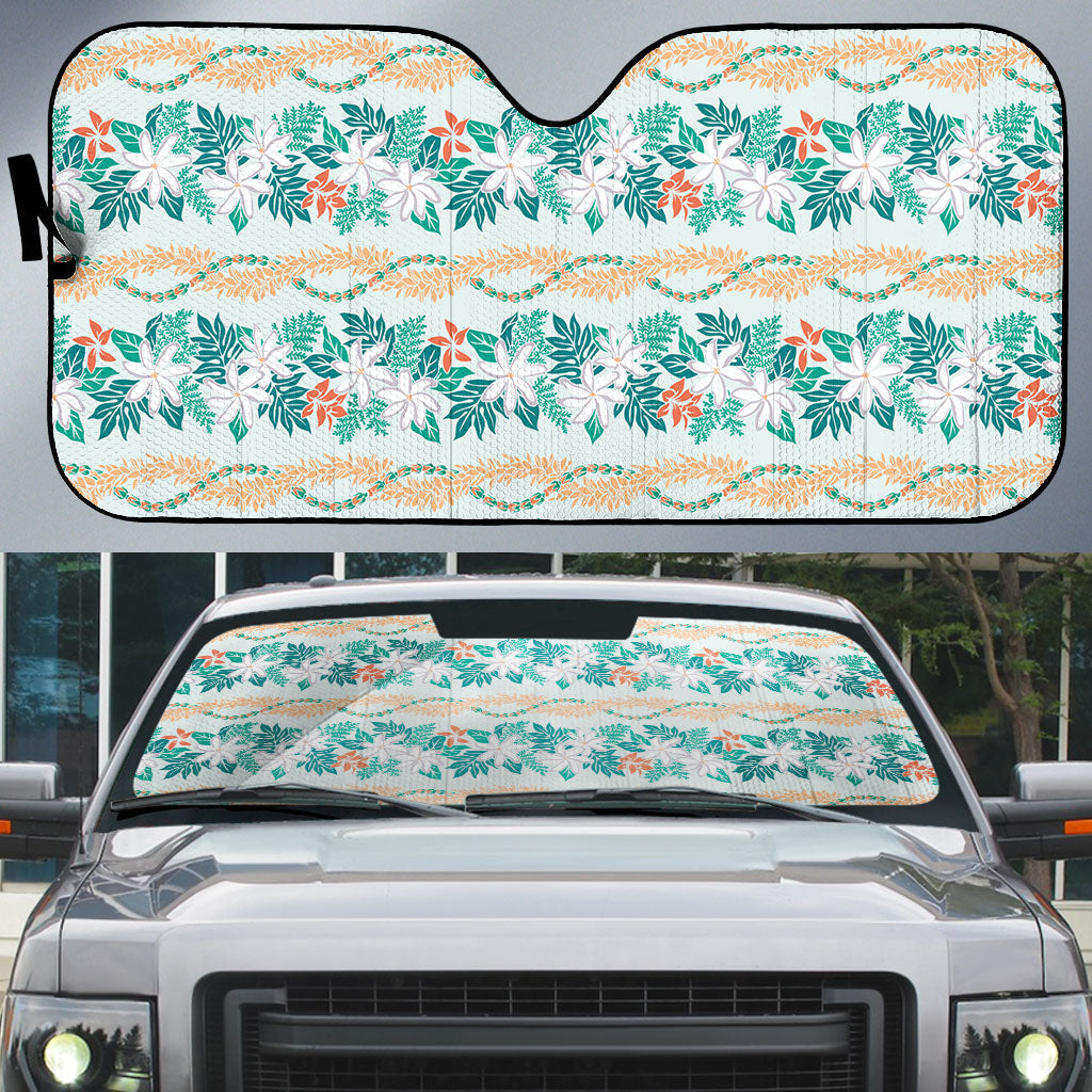 Monstera Tiare Plumeria Lei Pattern Auto Sun Shade Teal Version