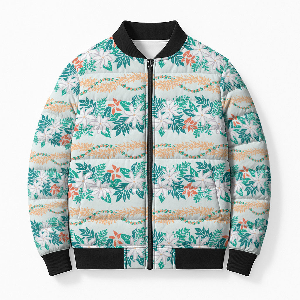 Monstera Tiare Plumeria Lei Pattern Bomber Puffer Jacket Teal Version