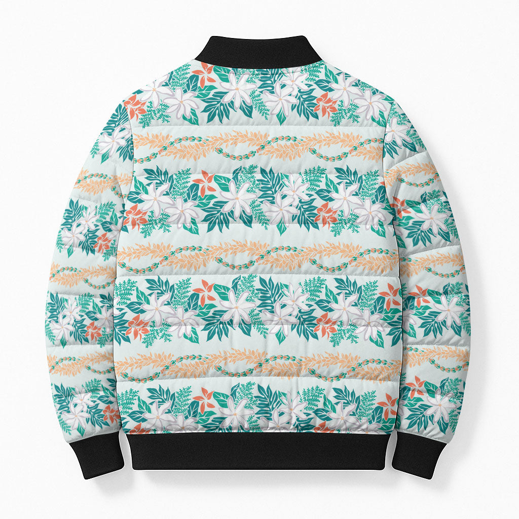 Monstera Tiare Plumeria Lei Pattern Bomber Puffer Jacket Teal Version