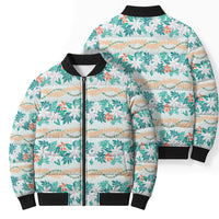 Monstera Tiare Plumeria Lei Pattern Bomber Puffer Jacket Teal Version