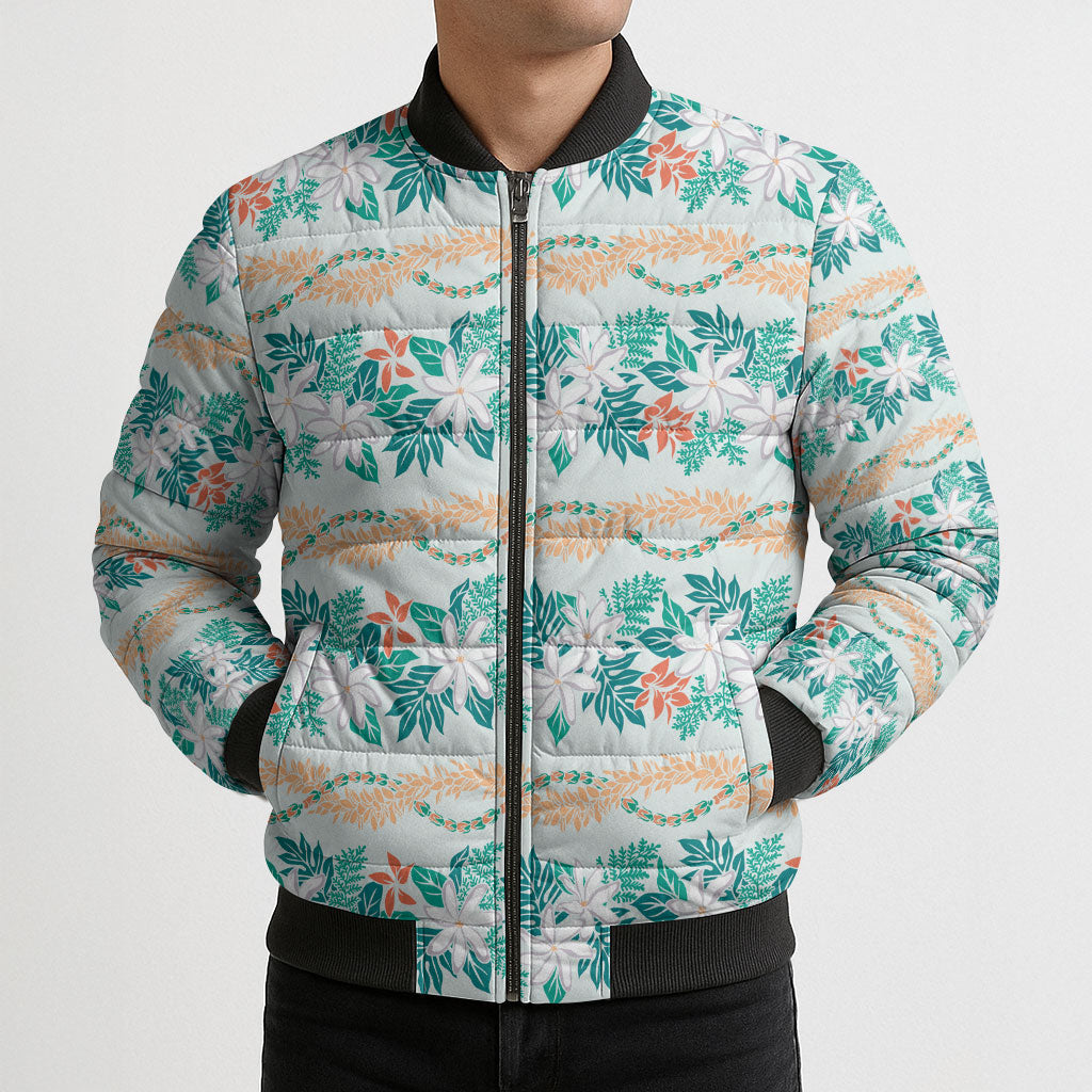 Monstera Tiare Plumeria Lei Pattern Bomber Puffer Jacket Teal Version