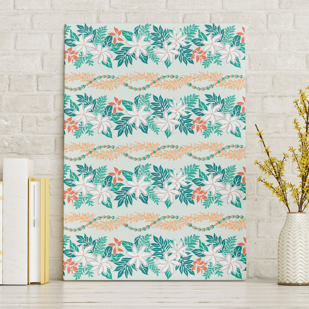 Monstera Tiare Plumeria Lei Pattern Canvas Wall Art Teal Version