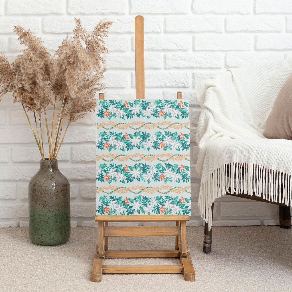 Monstera Tiare Plumeria Lei Pattern Canvas Wall Art Teal Version