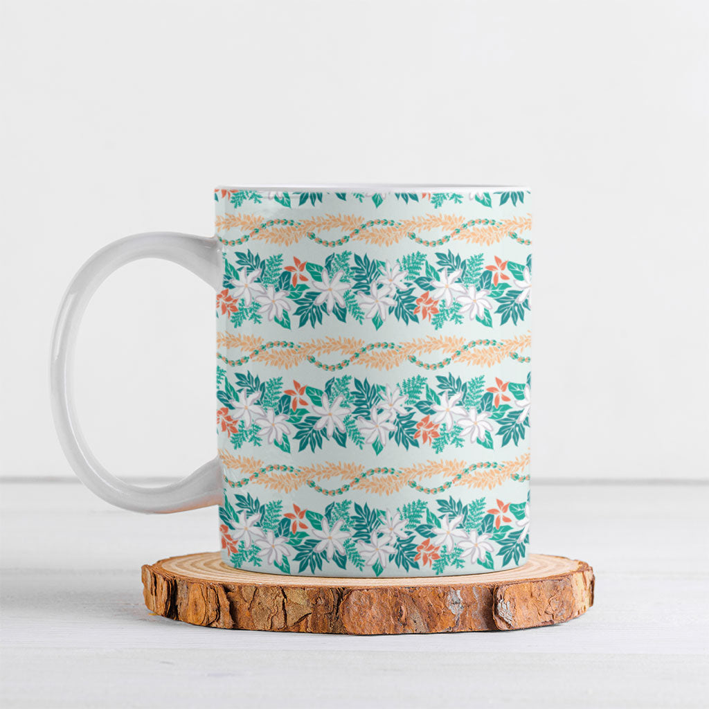 Monstera Tiare Plumeria Lei Pattern Ceramic Mug Teal Version LT01 Teal - Polynesian Pride