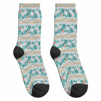 Monstera Tiare Plumeria Lei Pattern Crew Socks Teal Version