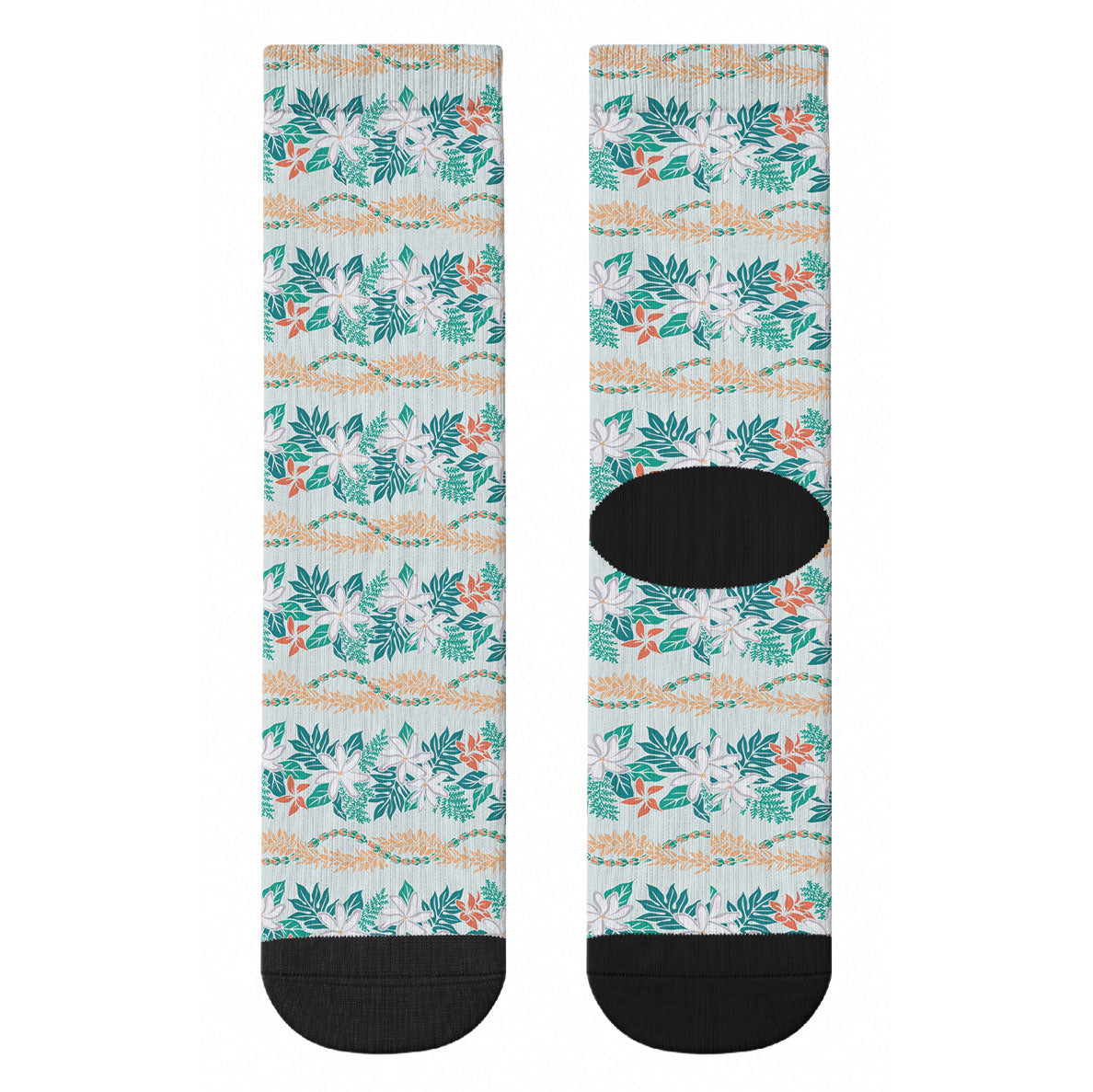 Monstera Tiare Plumeria Lei Pattern Crew Socks Teal Version