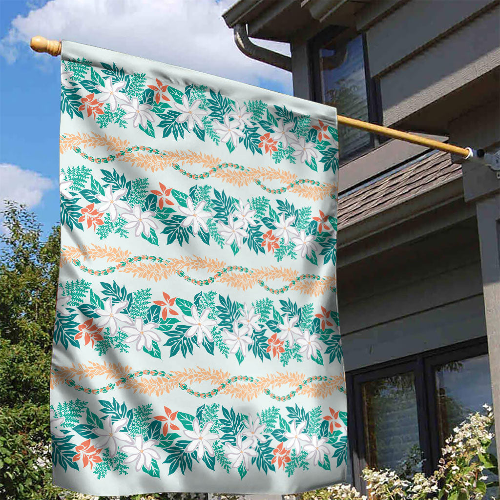 Monstera Tiare Plumeria Lei Pattern Garden Flag Teal Version