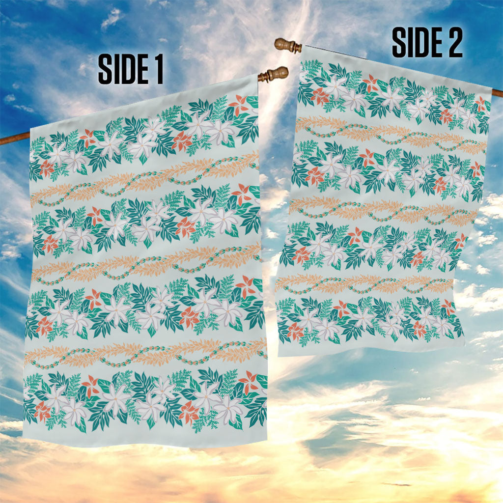 Monstera Tiare Plumeria Lei Pattern Garden Flag Teal Version