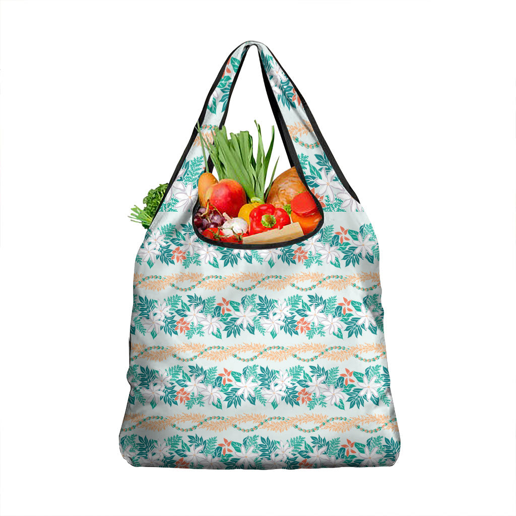 Monstera Tiare Plumeria Lei Pattern Grocery Bag Teal Version LT01 1-pack One Size Teal - Polynesian Pride