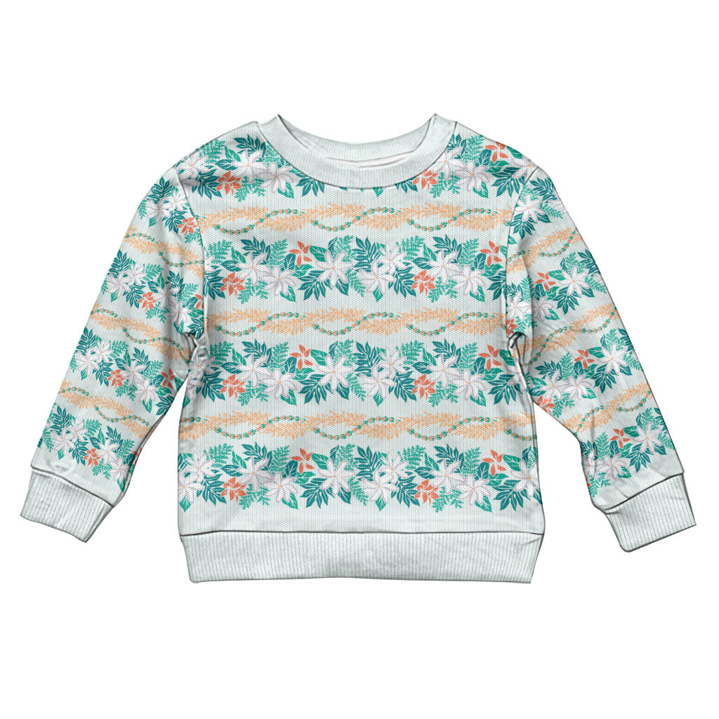 Monstera Tiare Plumeria Lei Pattern Kid Ugly Christmas Sweater Teal Version