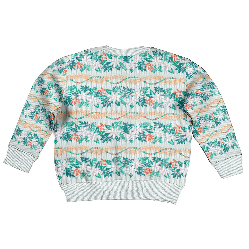 Monstera Tiare Plumeria Lei Pattern Kid Ugly Christmas Sweater Teal Version LT01 - Polynesian Pride
