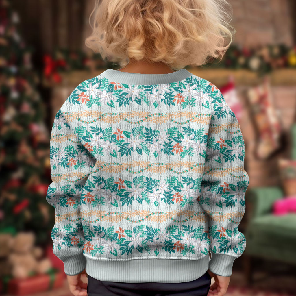 Monstera Tiare Plumeria Lei Pattern Kid Ugly Christmas Sweater Teal Version LT01 - Polynesian Pride
