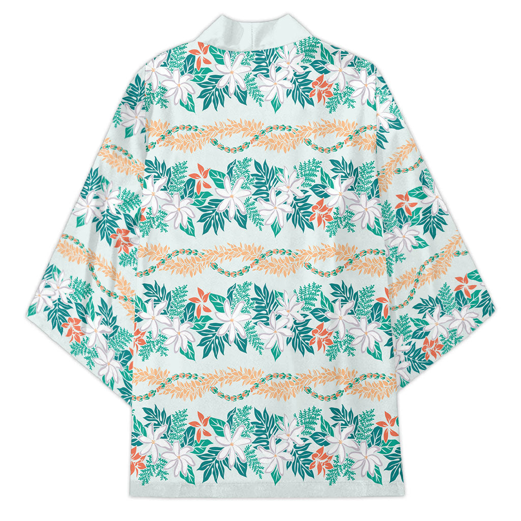 Monstera Tiare Plumeria Lei Pattern Kimono Teal Version LT01 - Polynesian Pride