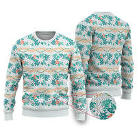 Monstera Tiare Plumeria Lei Pattern Ugly Christmas Sweater Teal Version