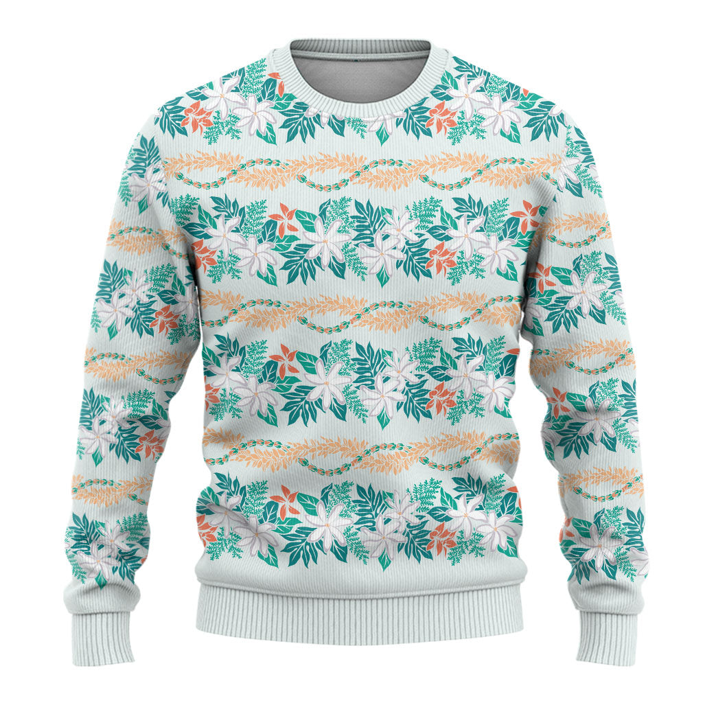 Monstera Tiare Plumeria Lei Pattern Ugly Christmas Sweater Teal Version
