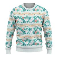 Monstera Tiare Plumeria Lei Pattern Ugly Christmas Sweater Teal Version