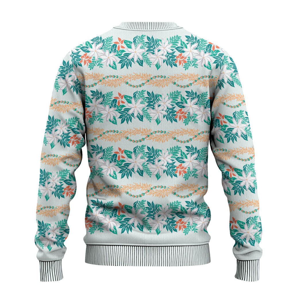 Monstera Tiare Plumeria Lei Pattern Ugly Christmas Sweater Teal Version